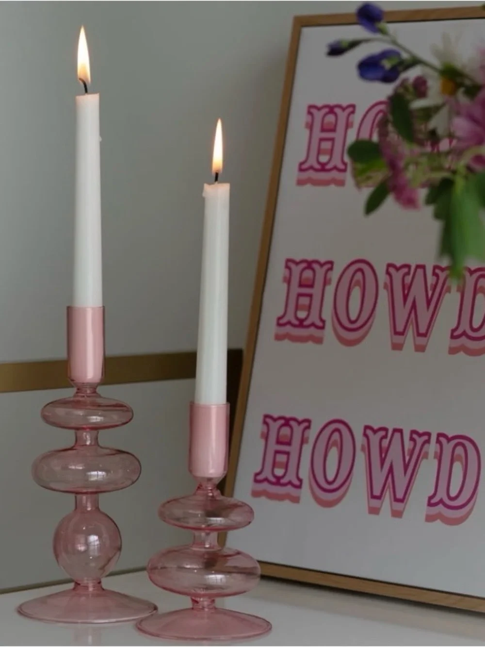 19 Pink Glass bubble shaped taper Candle Holders